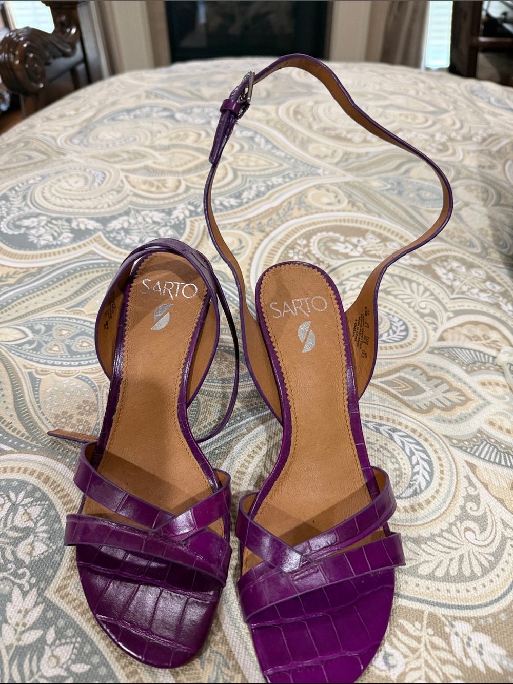 Franco Sarto Purple Croc-Embossed Ankle Strap Heels